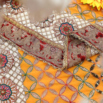 Indian Pre-Owned Heavy Hand Embroidered By Designer Anamika Khanna Dupatta Saffron Pure Georgette Silk  Wedding/Party