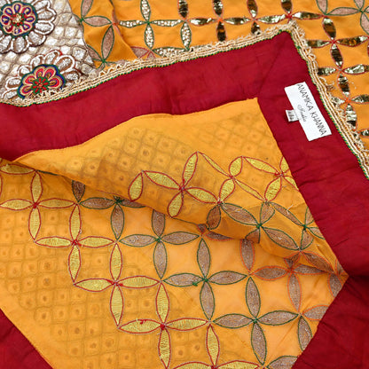Indian Pre-Owned Heavy Hand Embroidered By Designer Anamika Khanna Dupatta Saffron Pure Georgette Silk  Wedding/Party
