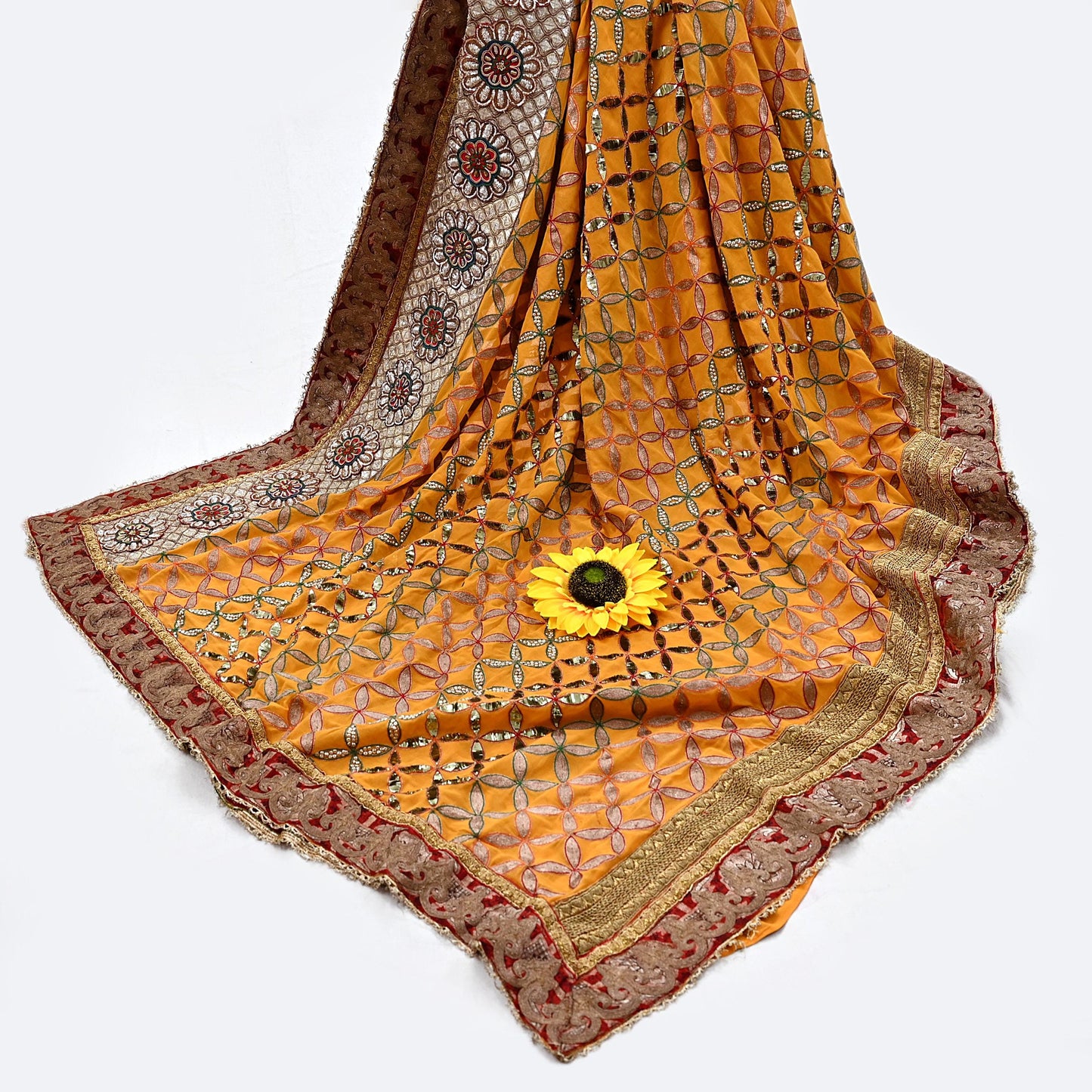 Indian Pre-Owned Heavy Hand Embroidered By Designer Anamika Khanna Dupatta Saffron Pure Georgette Silk  Wedding/Party