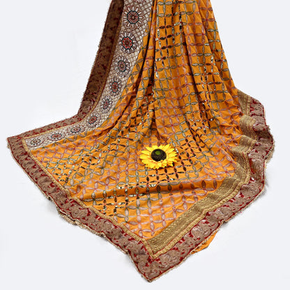 Indian Pre-Owned Heavy Hand Embroidered By Designer Anamika Khanna Dupatta Saffron Pure Georgette Silk  Wedding/Party