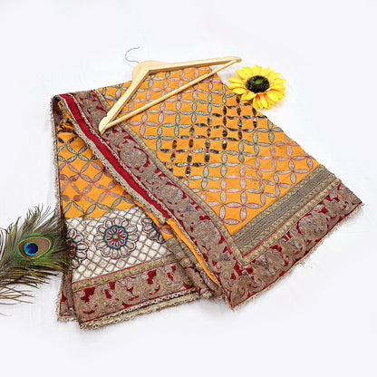 Indian Pre-Owned Heavy Hand Embroidered By Designer Anamika Khanna Dupatta Saffron Pure Georgette Silk  Wedding/Party