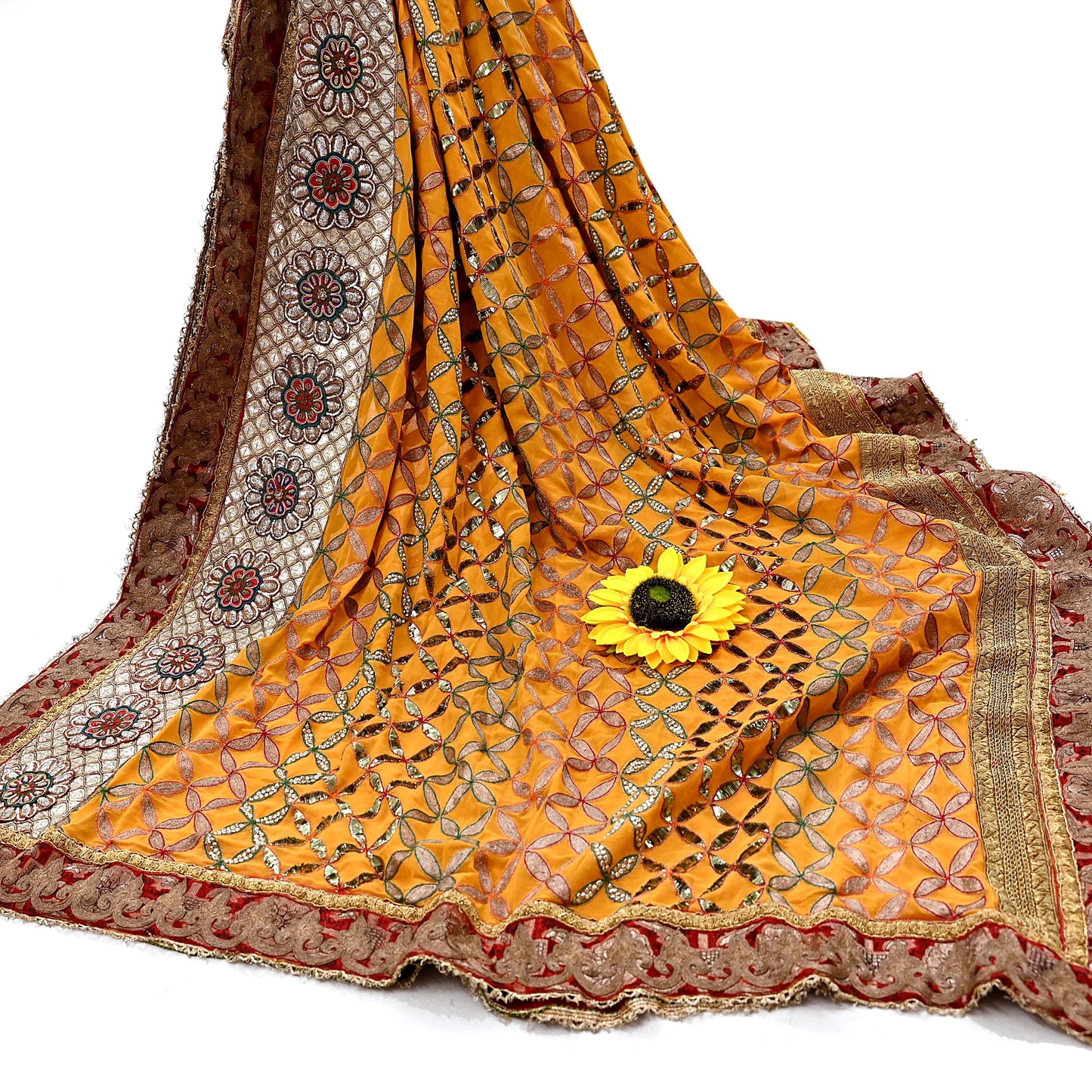 Indian Pre-Owned Heavy Hand Embroidered By Designer Anamika Khanna Dupatta Saffron Pure Georgette Silk  Wedding/Party