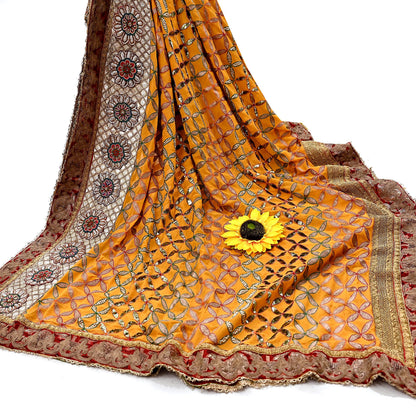 Indian Pre-Owned Heavy Hand Embroidered By Designer Anamika Khanna Dupatta Saffron Pure Georgette Silk  Wedding/Party