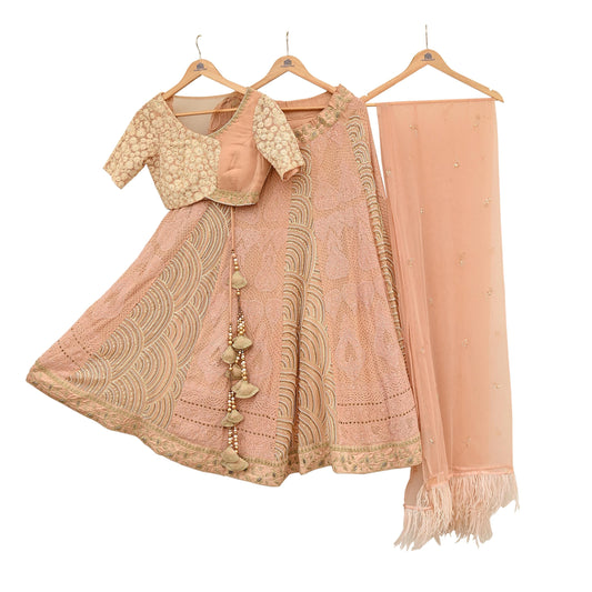 Indian Pre-owned Heavy Hand Embroidered Chikankari/Mukesh Lehenga/Dupatta/Choli 3pcs Set By Designer Abu Jani Pure Georgette Silk