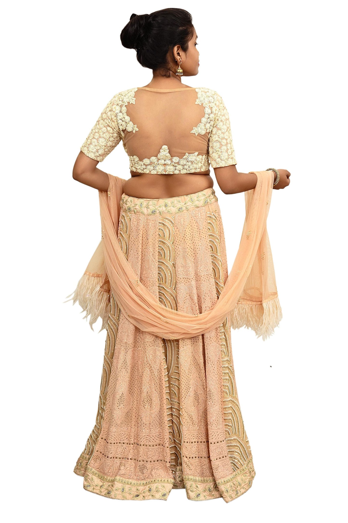 Indian Pre-owned Heavy Hand Embroidered Chikankari/Mukesh Lehenga/Dupatta/Choli 3pcs Set By Designer Abu Jani Pure Georgette Silk