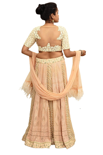 Indian Pre-owned Heavy Hand Embroidered Chikankari/Mukesh Lehenga/Dupatta/Choli 3pcs Set By Designer Abu Jani Pure Georgette Silk