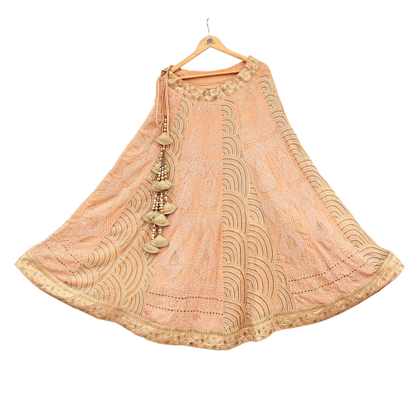 Indian Pre-owned Heavy Hand Embroidered Chikankari/Mukesh Lehenga/Dupatta/Choli 3pcs Set By Designer Abu Jani Pure Georgette Silk