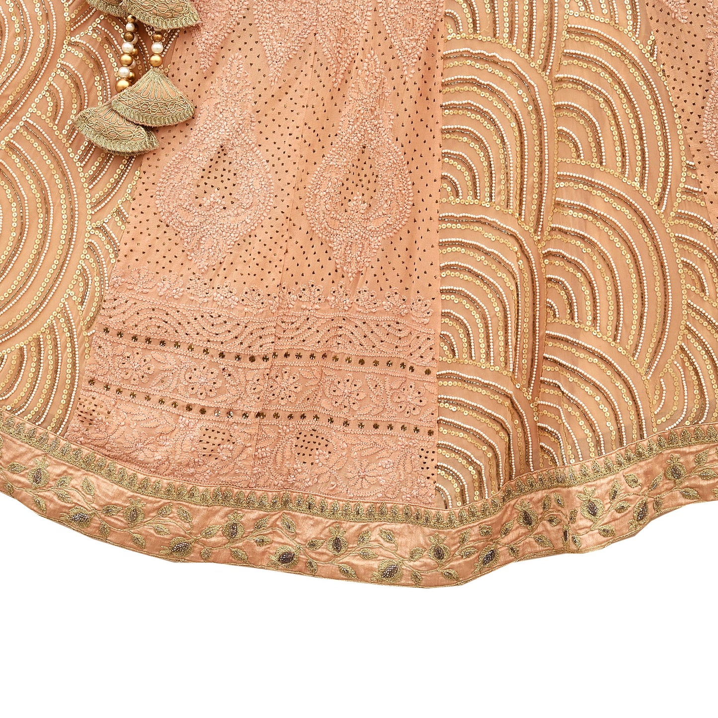 Indian Pre-owned Heavy Hand Embroidered Chikankari/Mukesh Lehenga/Dupatta/Choli 3pcs Set By Designer Abu Jani Pure Georgette Silk