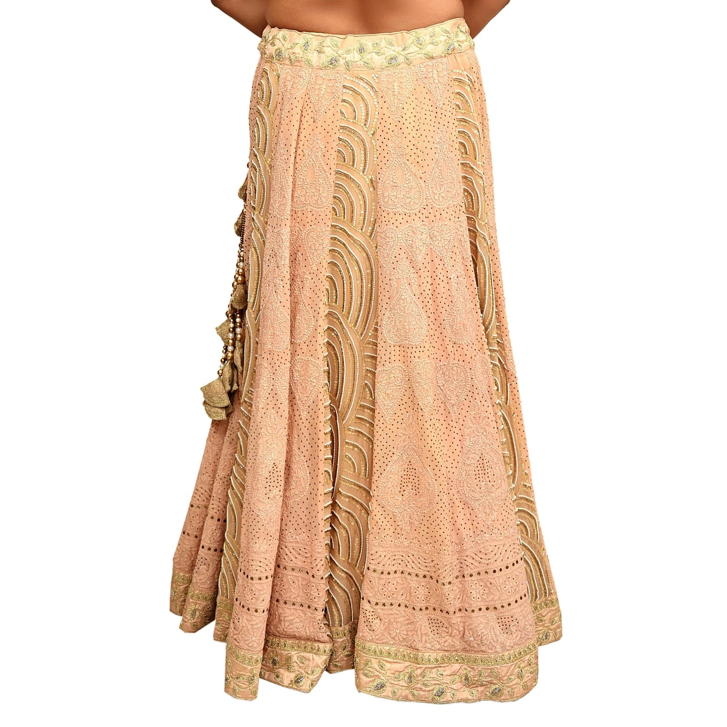 Indian Pre-owned Heavy Hand Embroidered Chikankari/Mukesh Lehenga/Dupatta/Choli 3pcs Set By Designer Abu Jani Pure Georgette Silk