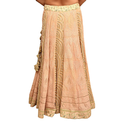 Indian Pre-owned Heavy Hand Embroidered Chikankari/Mukesh Lehenga/Dupatta/Choli 3pcs Set By Designer Abu Jani Pure Georgette Silk