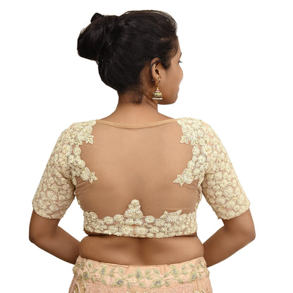 Indian Pre-owned Golden Pure Georgette Silk Hand Embroidered By Designer Abu Jani Blouse/Top/Crop Party wear Bollywood