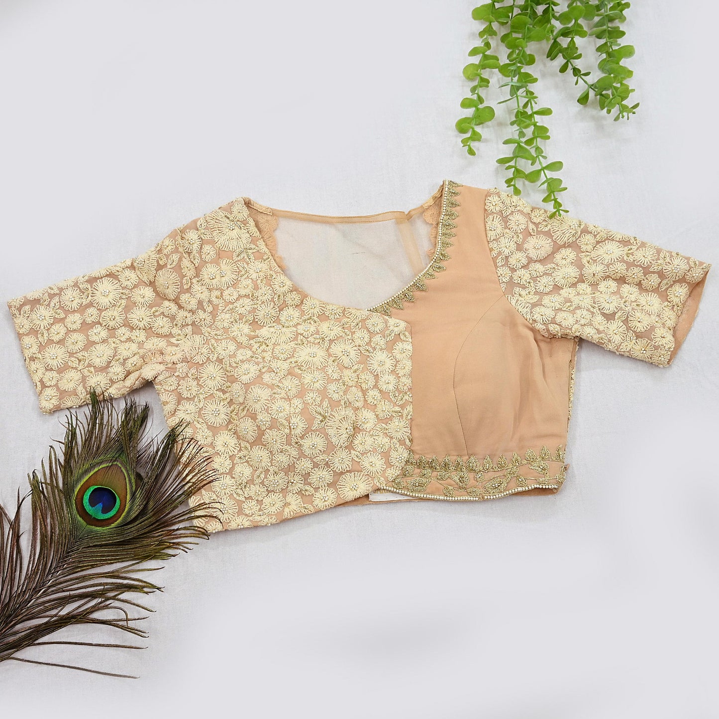 Indian Pre-owned Golden Pure Georgette Silk Hand Embroidered By Designer Abu Jani Blouse/Top/Crop Party wear Bollywood
