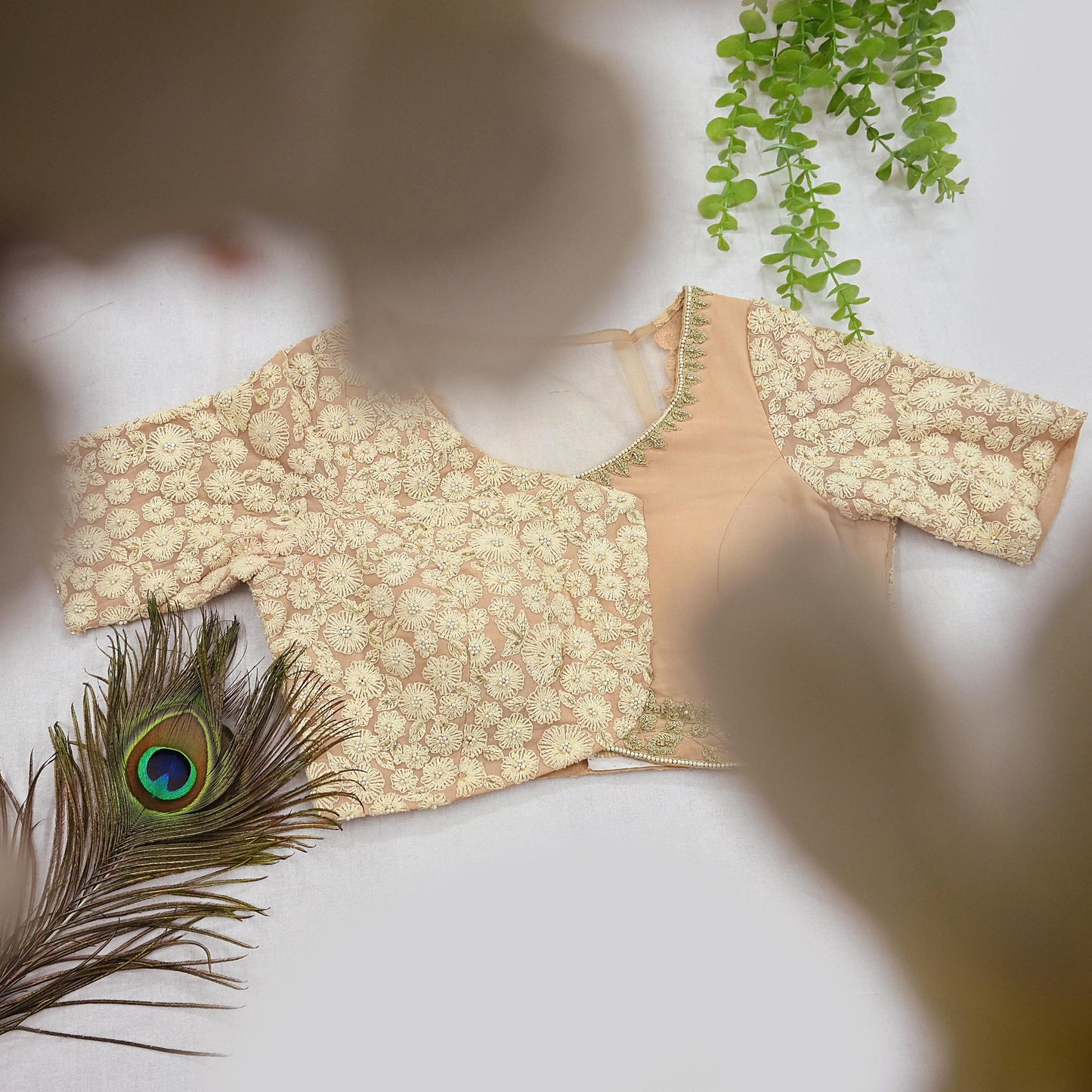 Indian Pre-owned Golden Pure Georgette Silk Hand Embroidered By Designer Abu Jani Blouse/Top/Crop Party wear Bollywood