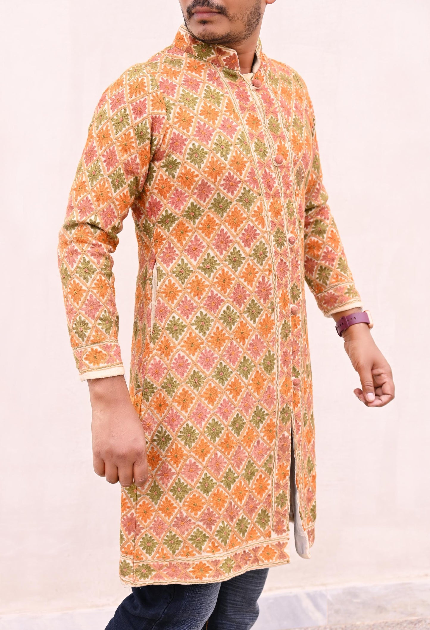 Indian Vintage Ivory Embroidered Kashmiri Coat, Aari Embroidery, Pure Woolen Coat, Boho Jacket For Both Women/Men Indian Coat