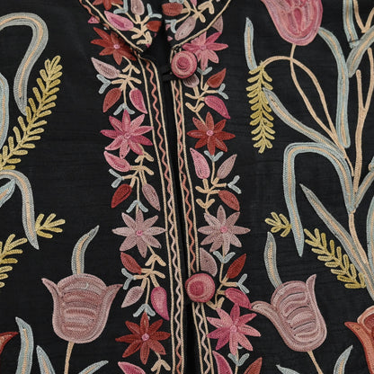 Indian Vintage Black Embroidered Kashmiri Coat, Aari Embroidery, Raw Silk Coat, Boho Jacket For Both Women/Men Indian Coat