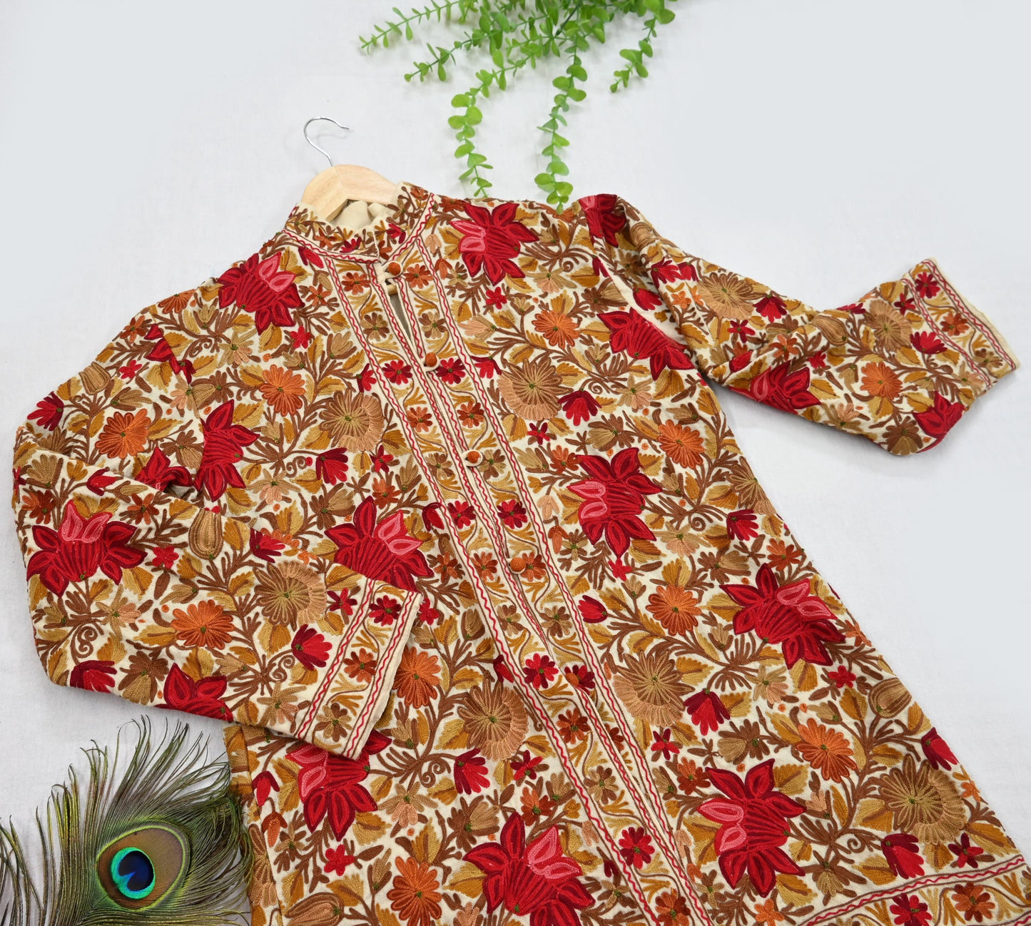 Indian Vintage Ivory Embroidered Kashmiri Coat, Aari Embroidery, Pure Woolen Coat, Boho Jacket For Both Women/Men Indian Coat