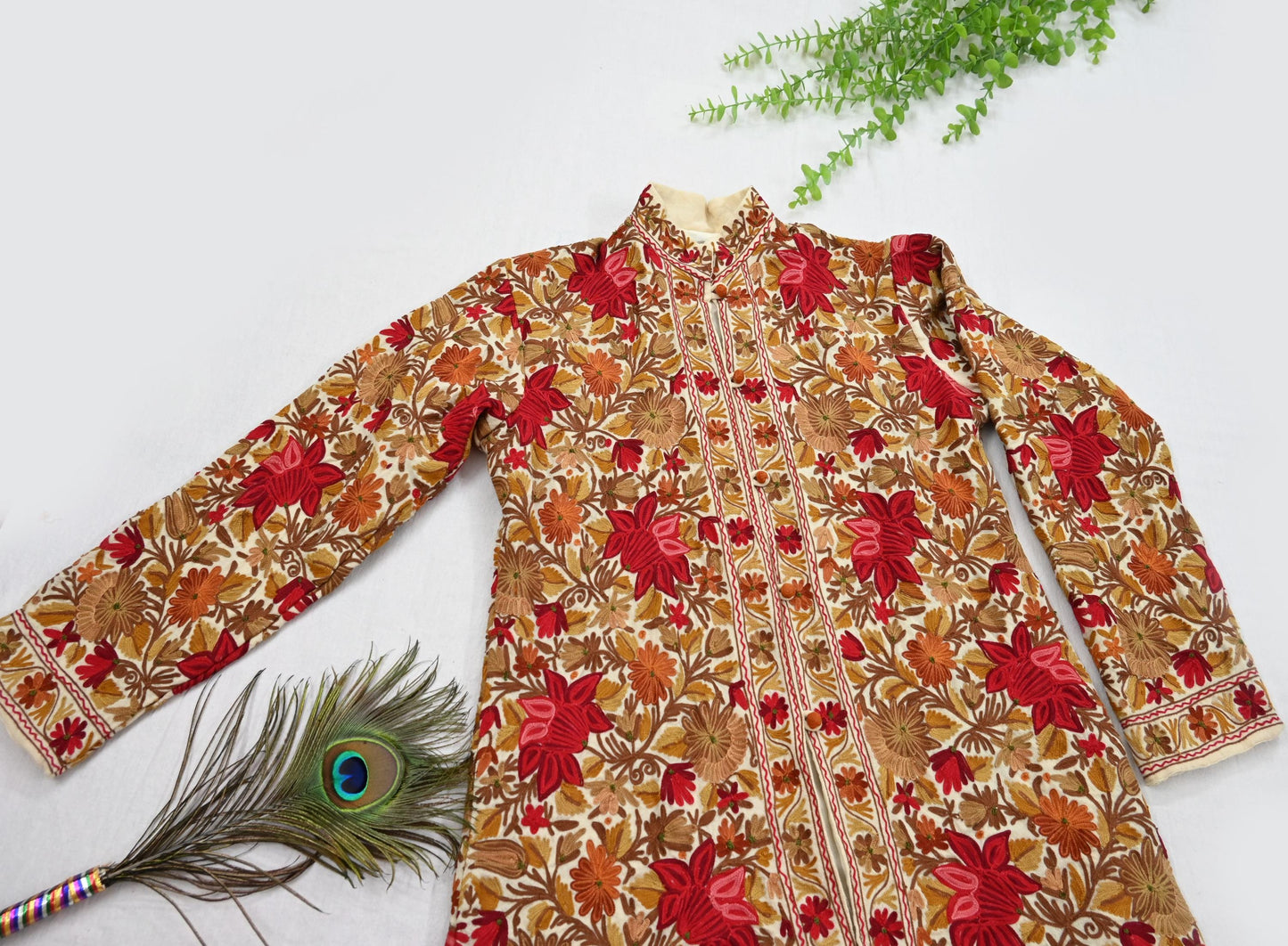 Indian Vintage Ivory Embroidered Kashmiri Coat, Aari Embroidery, Pure Woolen Coat, Boho Jacket For Both Women/Men Indian Coat