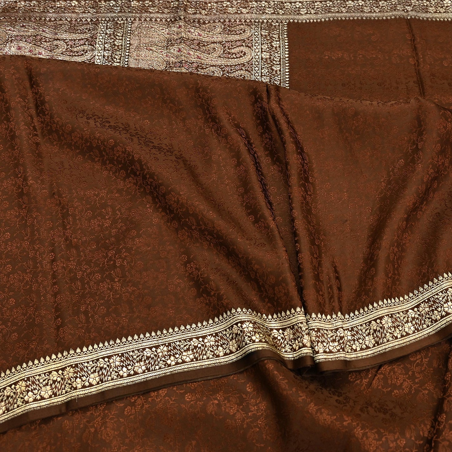 Vintage Brown Banarasi Silk Saree Pure Satin Silk Handwoven Tanchoi Fabric with Paisley Weave 5 Yard Dressmaking Craft Material