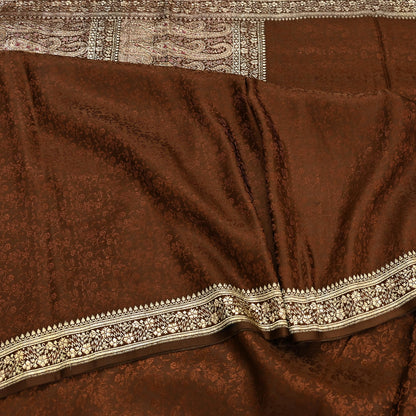 Vintage Brown Banarasi Silk Saree Pure Satin Silk Handwoven Tanchoi Fabric with Paisley Weave 5 Yard Dressmaking Craft Material
