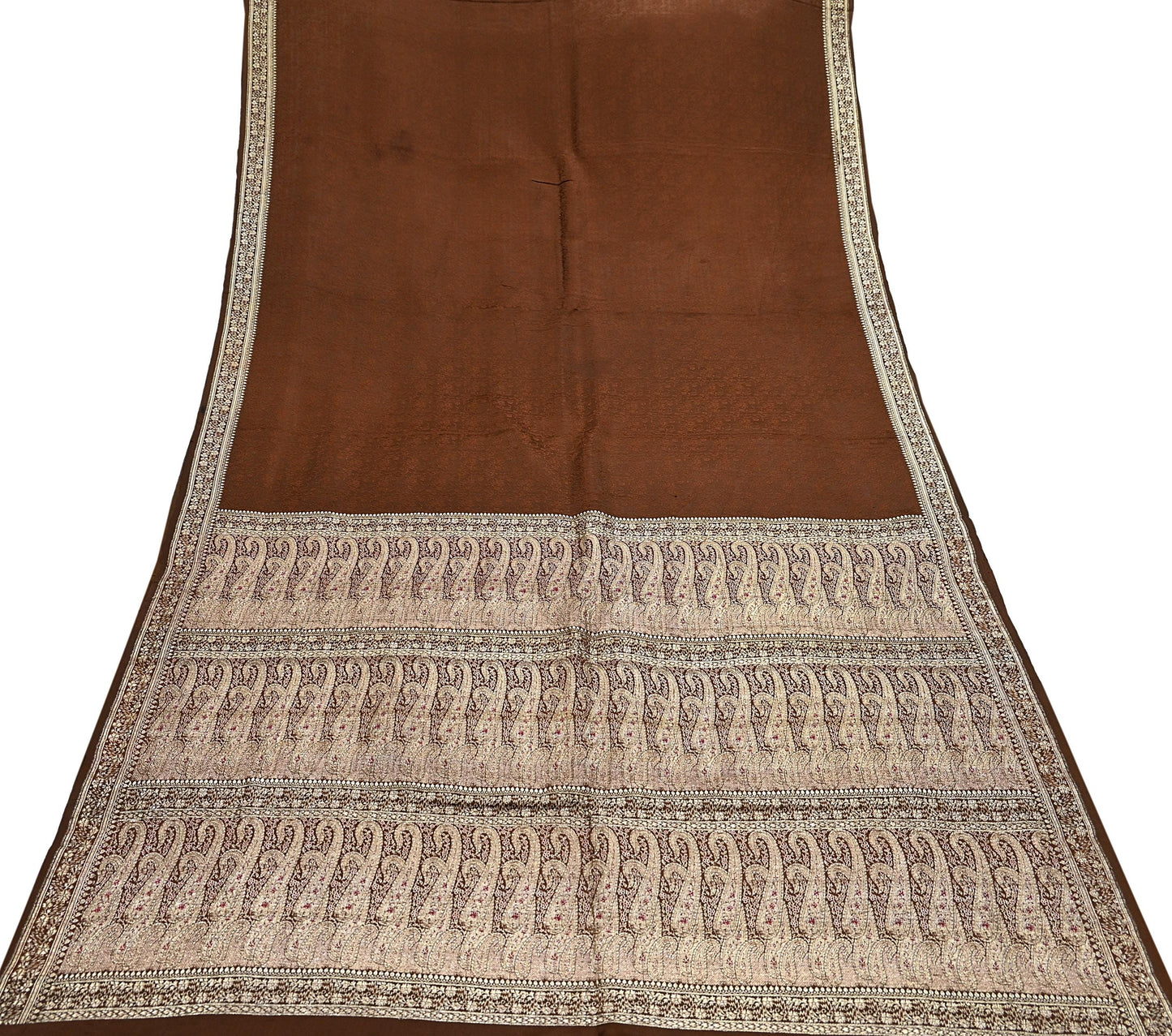 Vintage Brown Banarasi Silk Saree Pure Satin Silk Handwoven Tanchoi Fabric with Paisley Weave 5 Yard Dressmaking Craft Material
