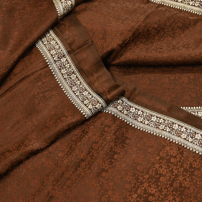 Vintage Brown Banarasi Silk Saree Pure Satin Silk Handwoven Tanchoi Fabric with Paisley Weave 5 Yard Dressmaking Craft Material