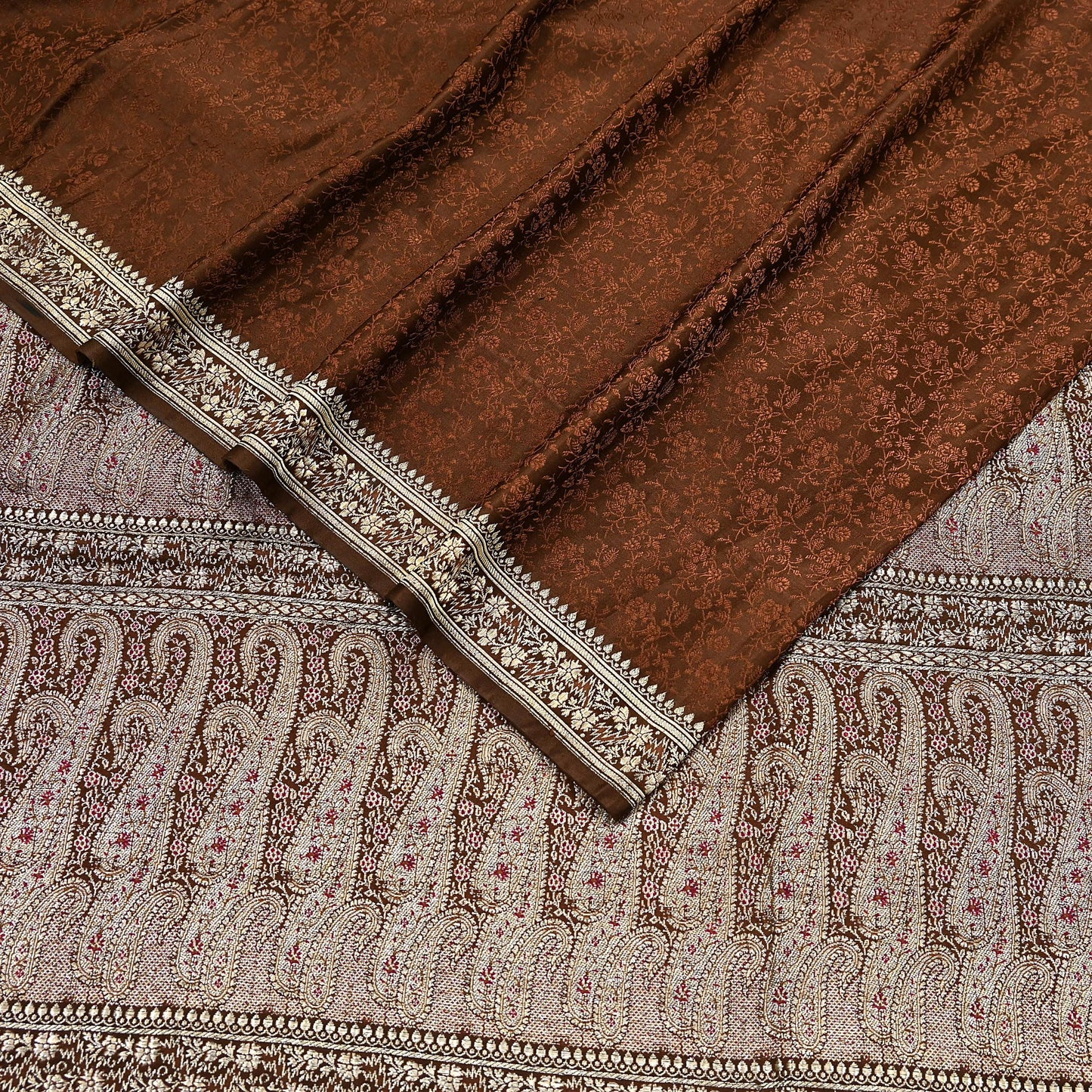 Vintage Brown Banarasi Silk Saree Pure Satin Silk Handwoven Tanchoi Fabric with Paisley Weave 5 Yard Dressmaking Craft Material