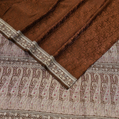 Vintage Brown Banarasi Silk Saree Pure Satin Silk Handwoven Tanchoi Fabric with Paisley Weave 5 Yard Dressmaking Craft Material