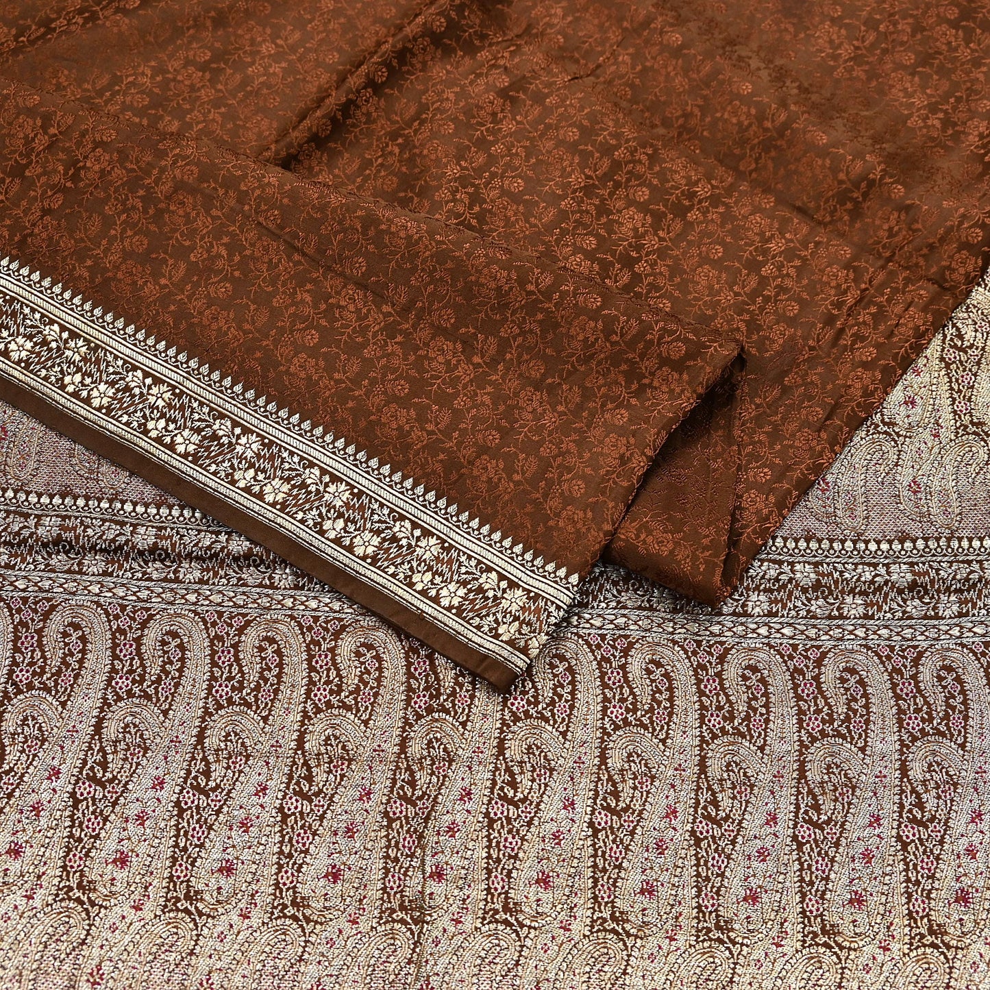 Vintage Brown Banarasi Silk Saree Pure Satin Silk Handwoven Tanchoi Fabric with Paisley Weave 5 Yard Dressmaking Craft Material