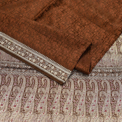 Vintage Brown Banarasi Silk Saree Pure Satin Silk Handwoven Tanchoi Fabric with Paisley Weave 5 Yard Dressmaking Craft Material