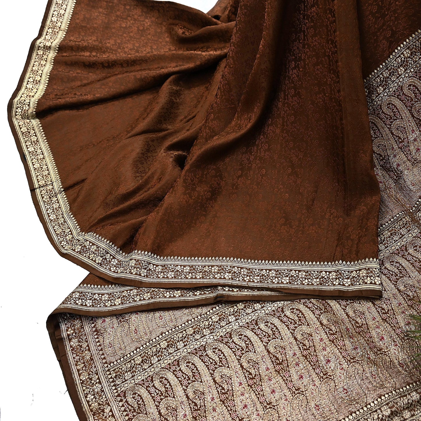 Vintage Brown Banarasi Silk Saree Pure Satin Silk Handwoven Tanchoi Fabric with Paisley Weave 5 Yard Dressmaking Craft Material