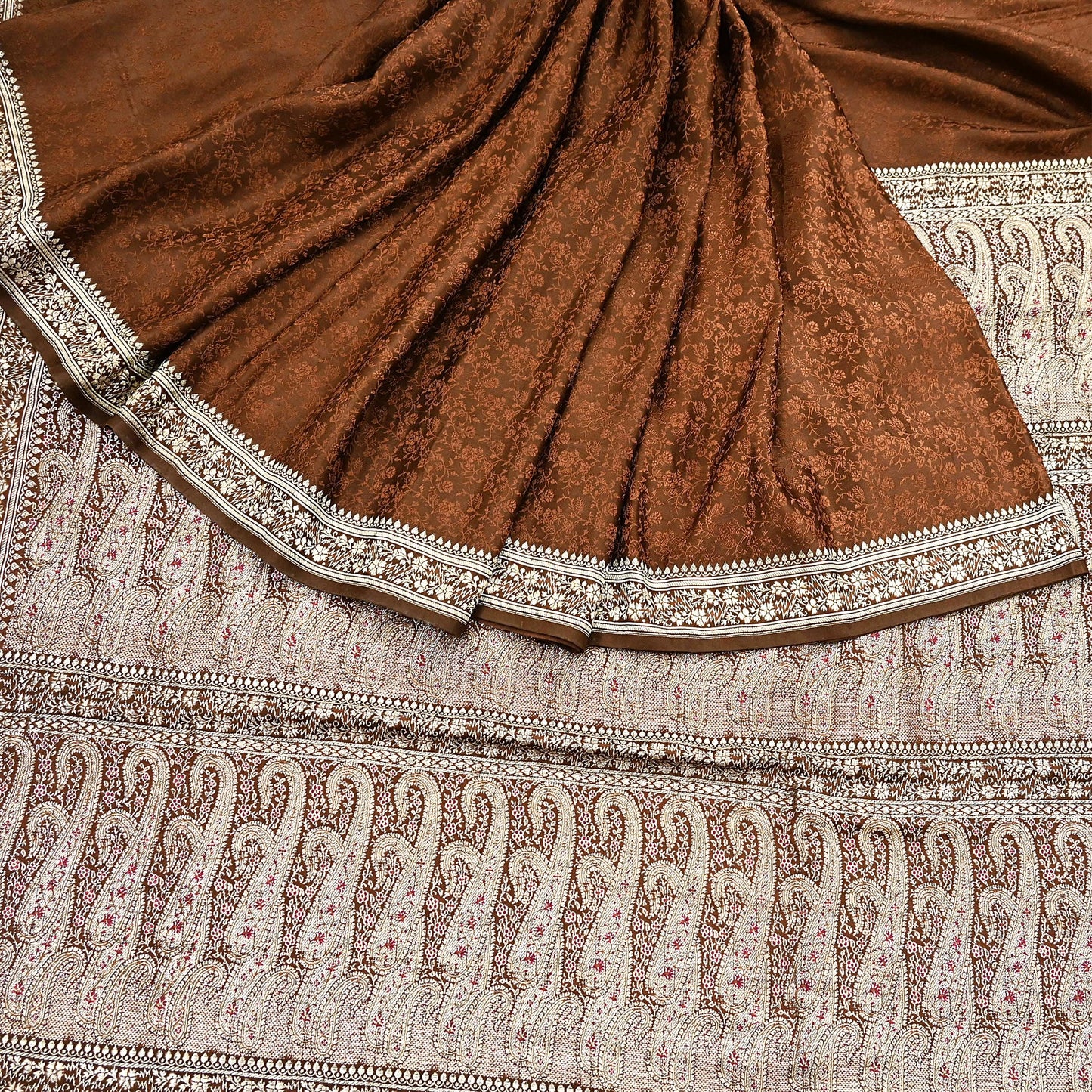 Vintage Brown Banarasi Silk Saree Pure Satin Silk Handwoven Tanchoi Fabric with Paisley Weave 5 Yard Dressmaking Craft Material