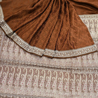Vintage Brown Banarasi Silk Saree Pure Satin Silk Handwoven Tanchoi Fabric with Paisley Weave 5 Yard Dressmaking Craft Material