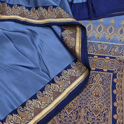 Vintage Blue Banarasi Silk Saree Pure Satin Silk Handwoven Tanchoi Fabric with Floral Weave 5 Yard Dressmaking Craft Material