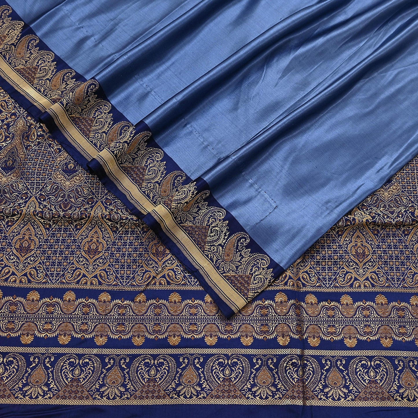 Vintage Blue Banarasi Silk Saree Pure Satin Silk Handwoven Tanchoi Fabric with Floral Weave 5 Yard Dressmaking Craft Material