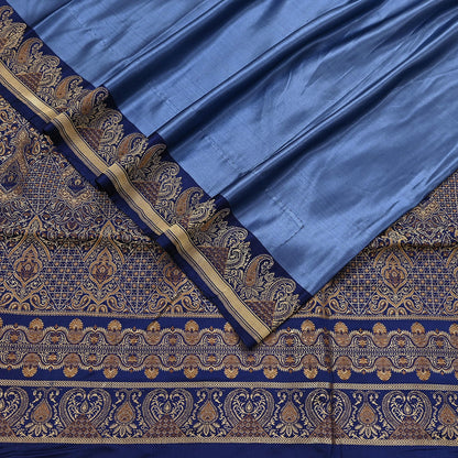 Vintage Blue Banarasi Silk Saree Pure Satin Silk Handwoven Tanchoi Fabric with Floral Weave 5 Yard Dressmaking Craft Material
