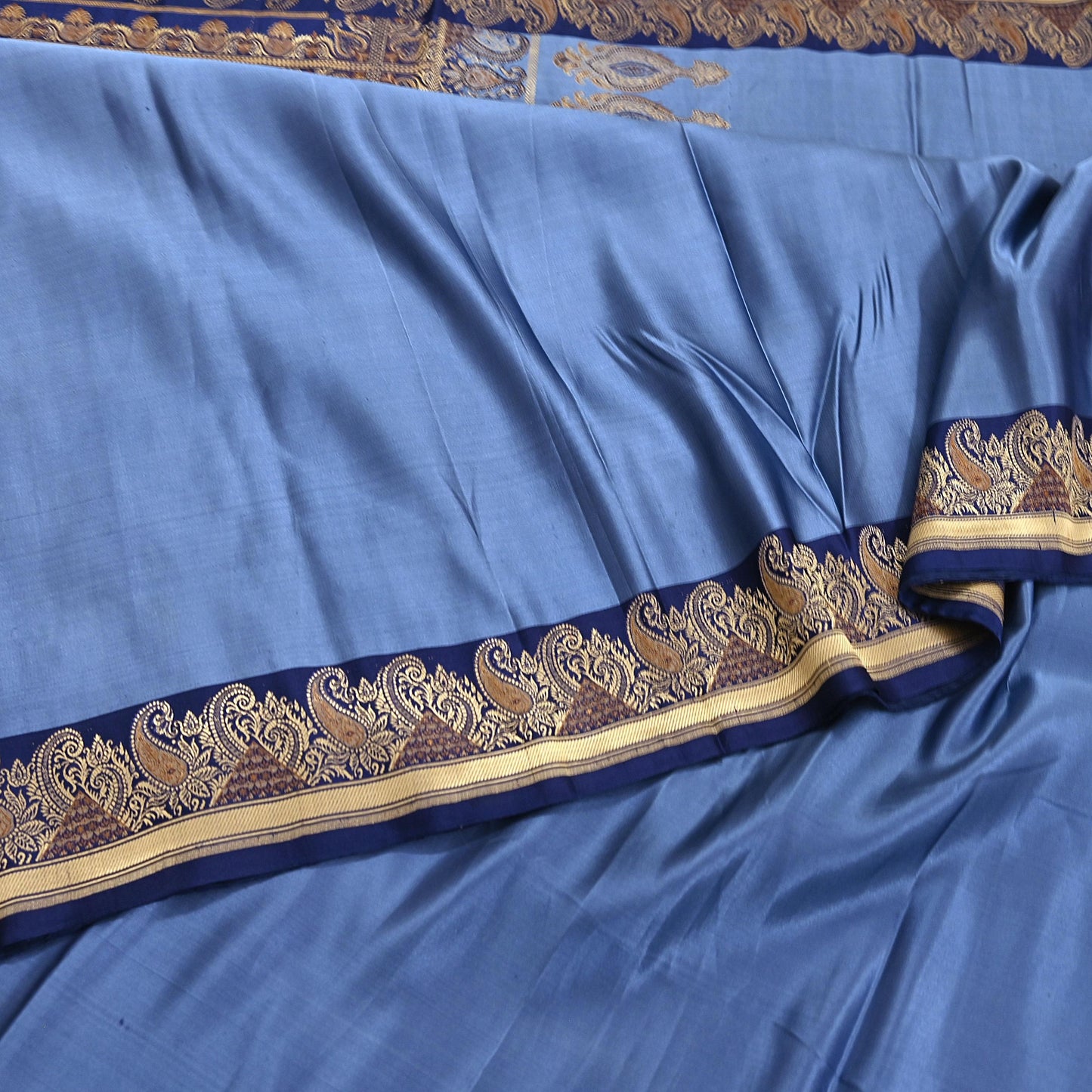 Vintage Blue Banarasi Silk Saree Pure Satin Silk Handwoven Tanchoi Fabric with Floral Weave 5 Yard Dressmaking Craft Material