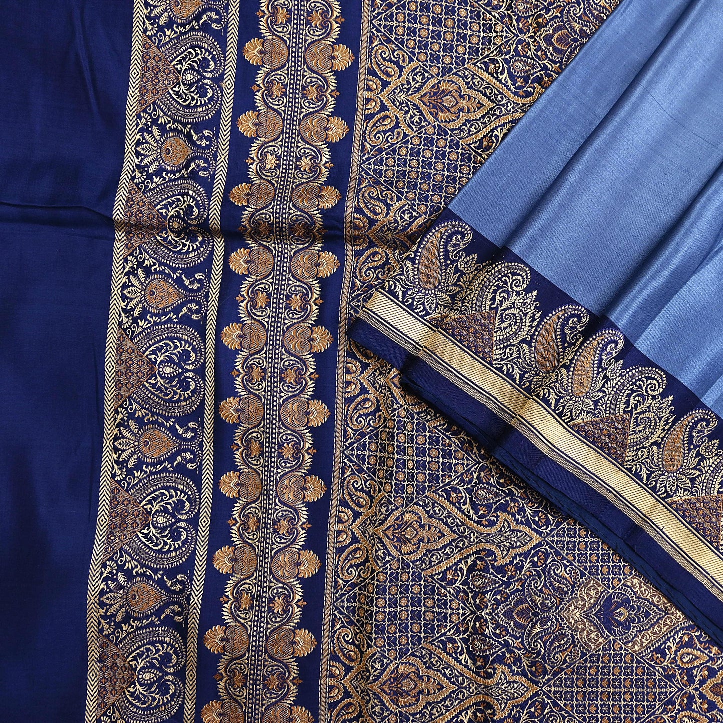 Vintage Blue Banarasi Silk Saree Pure Satin Silk Handwoven Tanchoi Fabric with Floral Weave 5 Yard Dressmaking Craft Material