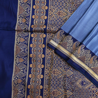 Vintage Blue Banarasi Silk Saree Pure Satin Silk Handwoven Tanchoi Fabric with Floral Weave 5 Yard Dressmaking Craft Material