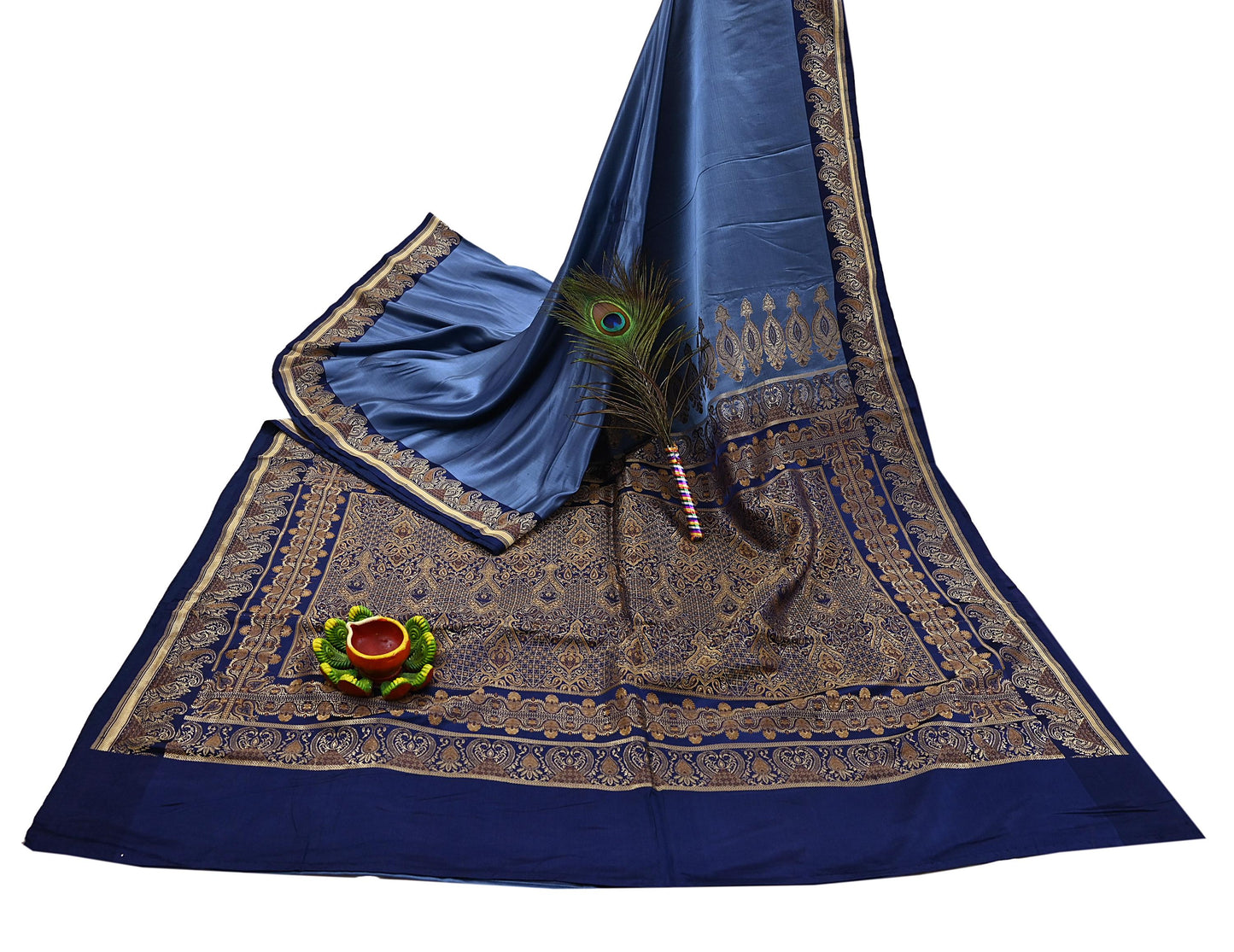 Vintage Blue Banarasi Silk Saree Pure Satin Silk Handwoven Tanchoi Fabric with Floral Weave 5 Yard Dressmaking Craft Material