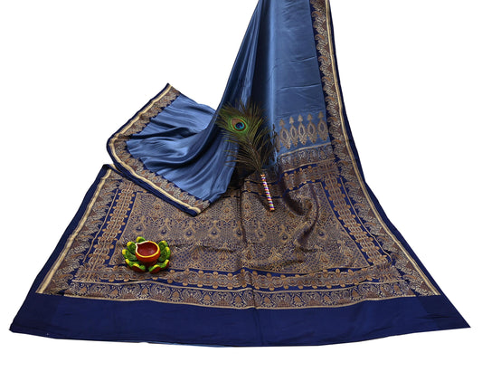 Vintage Blue Banarasi Silk Saree Pure Satin Silk Handwoven Tanchoi Fabric with Floral Weave 5 Yard Dressmaking Craft Material