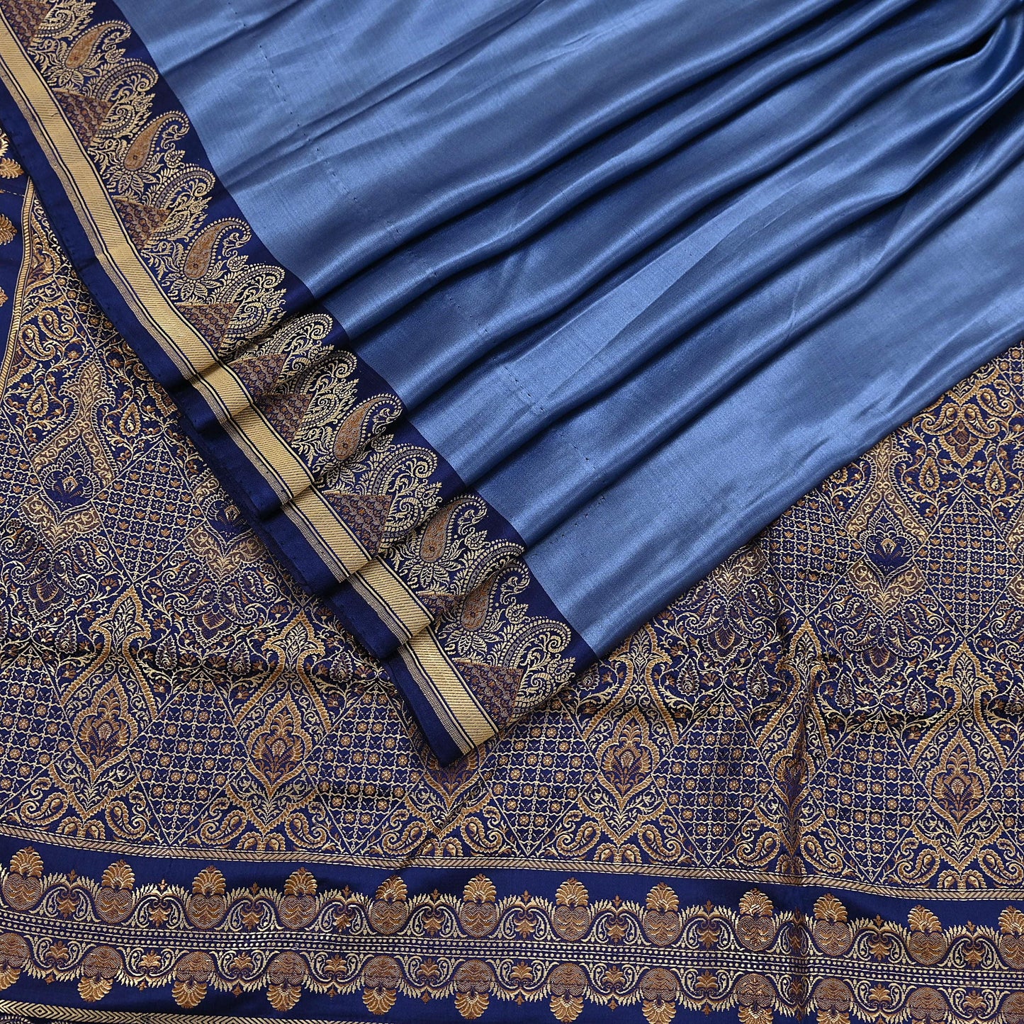Vintage Blue Banarasi Silk Saree Pure Satin Silk Handwoven Tanchoi Fabric with Floral Weave 5 Yard Dressmaking Craft Material