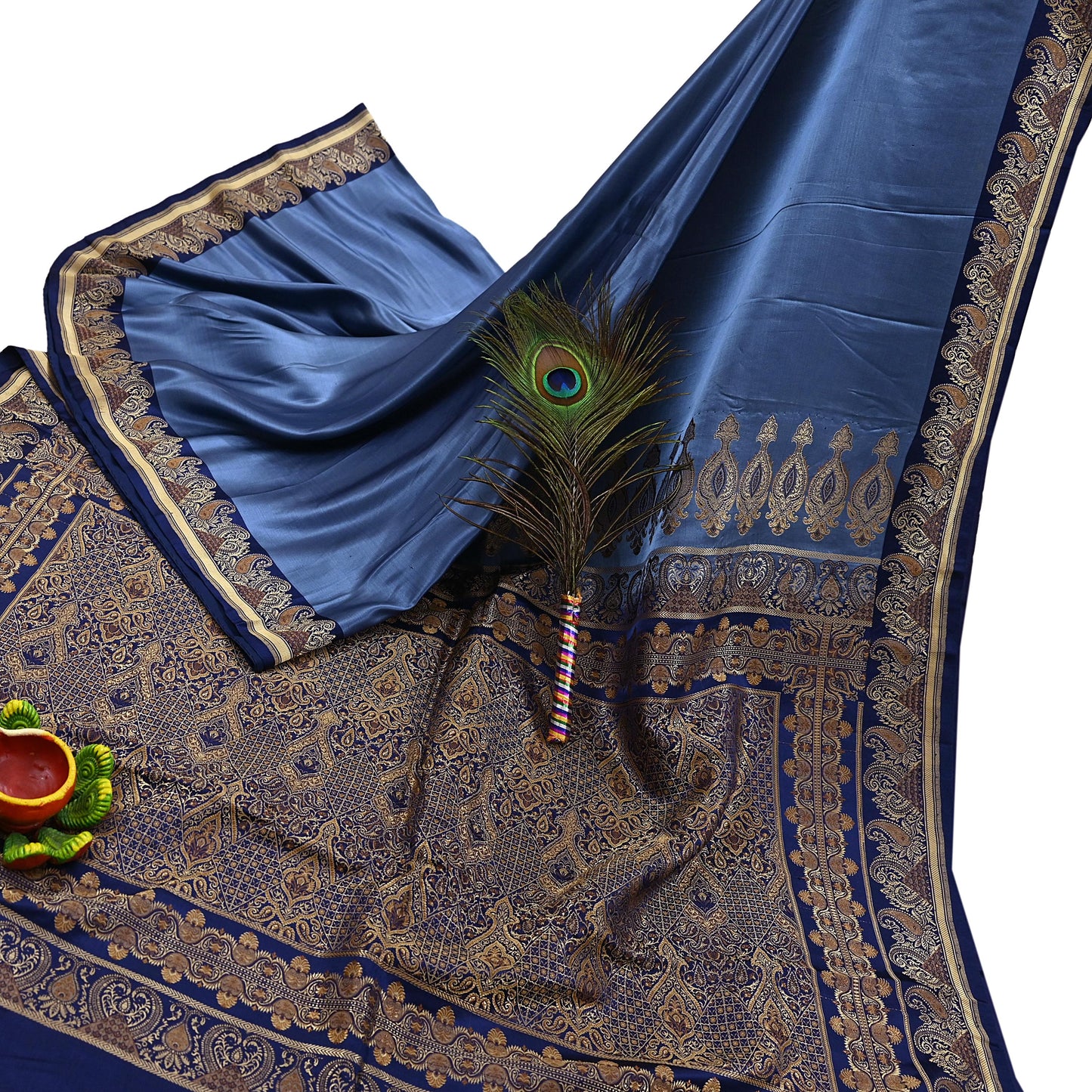 Vintage Blue Banarasi Silk Saree Pure Satin Silk Handwoven Tanchoi Fabric with Floral Weave 5 Yard Dressmaking Craft Material