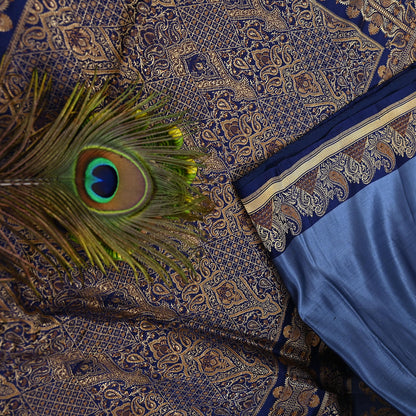 Vintage Blue Banarasi Silk Saree Pure Satin Silk Handwoven Tanchoi Fabric with Floral Weave 5 Yard Dressmaking Craft Material