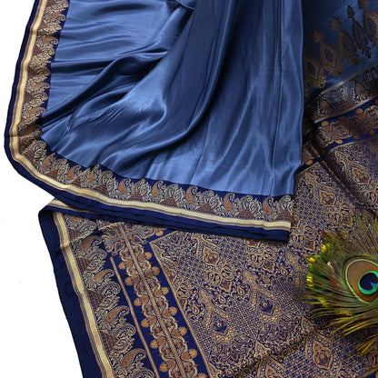 Vintage Blue Banarasi Silk Saree Pure Satin Silk Handwoven Tanchoi Fabric with Floral Weave 5 Yard Dressmaking Craft Material