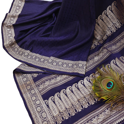 Vintage Banarasi Saree Pure Satin Silk Woven Brocade Zari Fabric Blue Heavy Craft Sari 5 Yards Indian Antique Textile Dress Making
