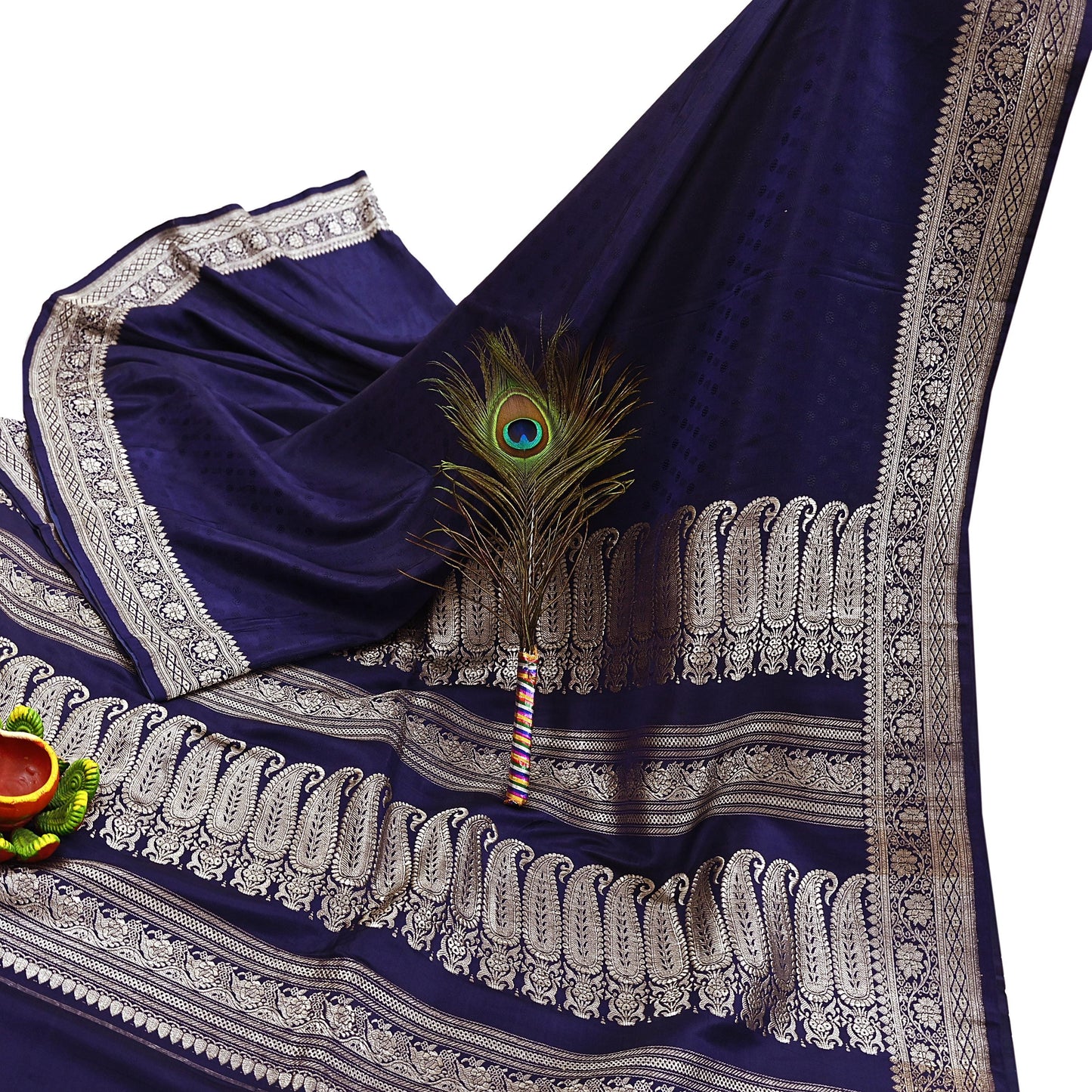 Vintage Banarasi Saree Pure Satin Silk Woven Brocade Zari Fabric Blue Heavy Craft Sari 5 Yards Indian Antique Textile Dress Making