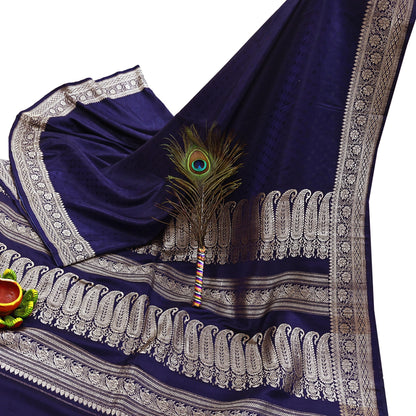 Vintage Banarasi Saree Pure Satin Silk Woven Brocade Zari Fabric Blue Heavy Craft Sari 5 Yards Indian Antique Textile Dress Making