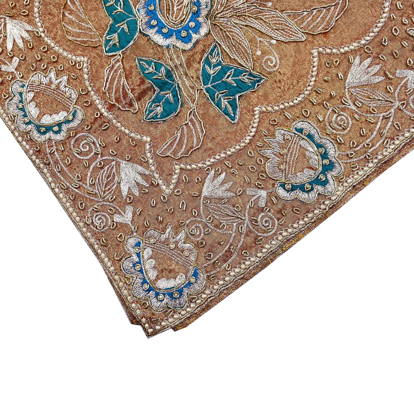 Indian Vintage Heavy Golden Dupatta Tissue Silk Long Stole Hand Embroidered Scarf Zari Zardozi/Dabka