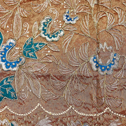 Indian Vintage Heavy Golden Dupatta Tissue Silk Long Stole Hand Embroidered Scarf Zari Zardozi/Dabka