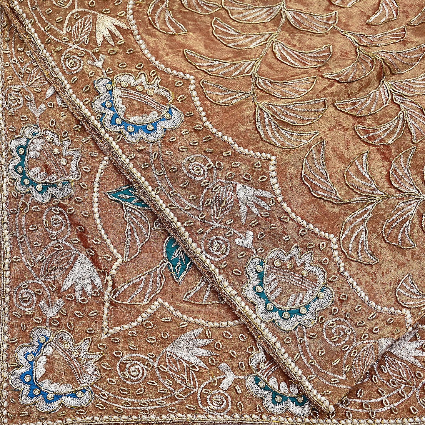 Indian Vintage Heavy Golden Dupatta Tissue Silk Long Stole Hand Embroidered Scarf Zari Zardozi/Dabka
